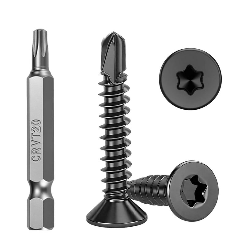 HanTof 100Pcs Torx Drive High-Strength Quick Tapping Screws for Metal, Black #8 x 1 Flat Head Self Drilling Screws, 410 Stainless Steel Sheet Metal TEK Screws Assortment with 1 Pcs T20 Bits - Image 1